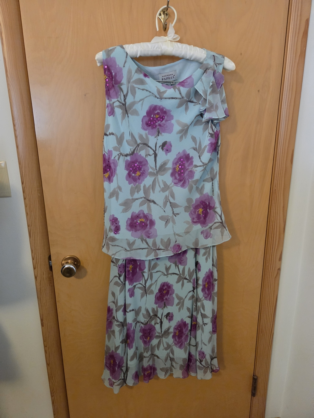 Adrianna Papell Floral Silk Dress in Light Aqua & Purple